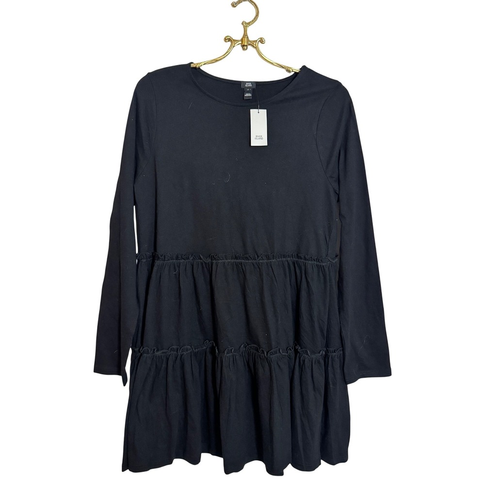 River Island Black Retro Pop Tiered Long Sleeve Mini Dress‎ Size US 8